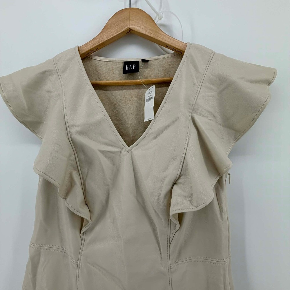 GAP Women Faux Leather Ruffle V Neck‎ Sleeveless Dress Beige Size 6